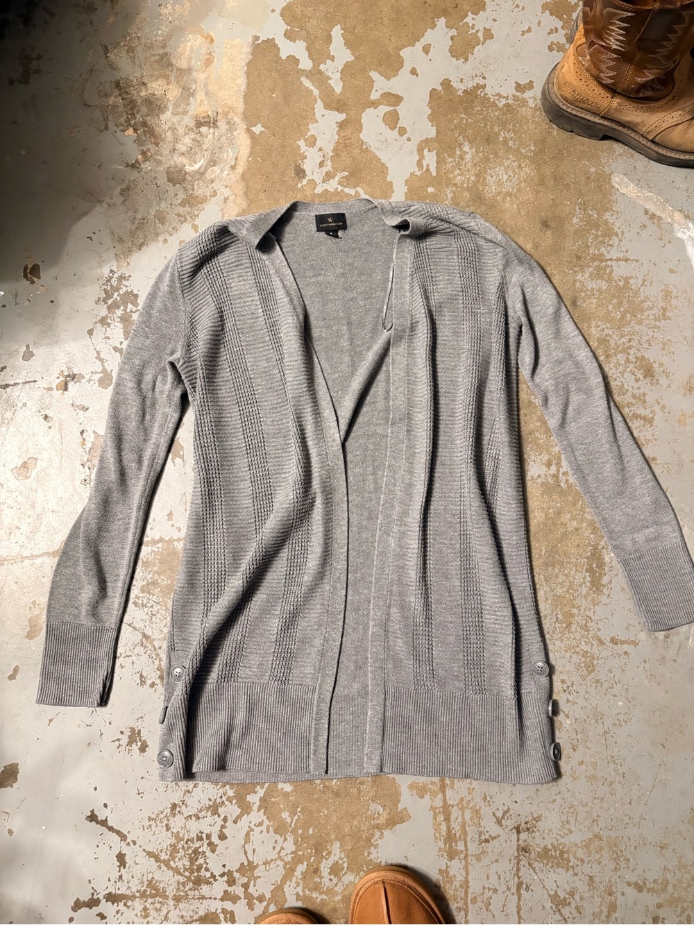 Worthington Light Gray Open-Front Long Cardigan with Side Buttons
